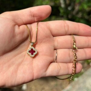 18K Gold Plated Stainless Steel Ruby Red Diamond Clover Necklace